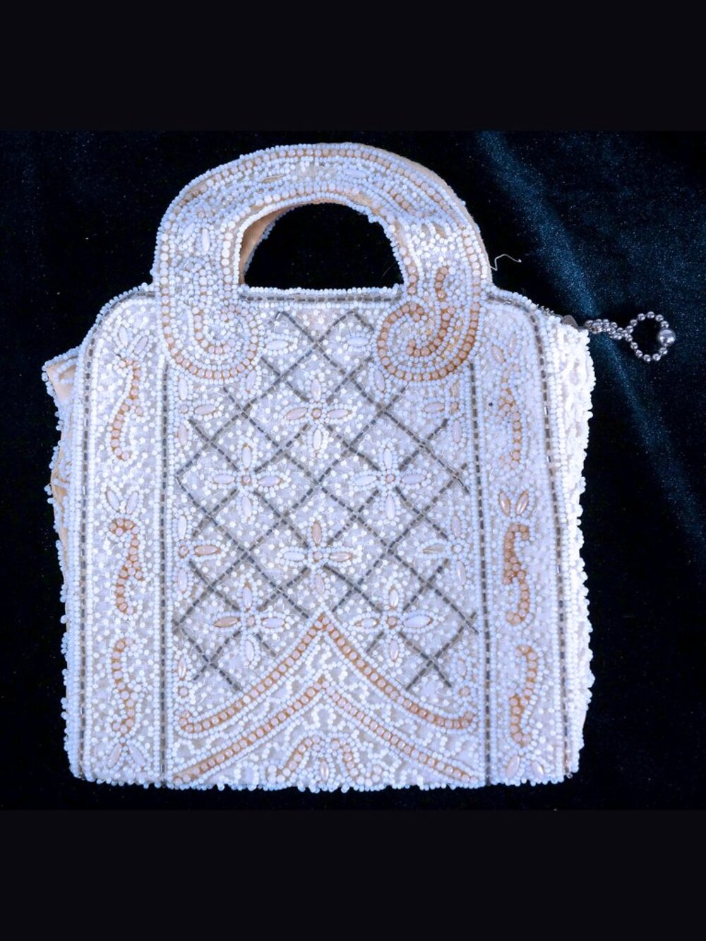 Vintage White Ivory Beaded Purse Handmade In Belguim SILK LINING